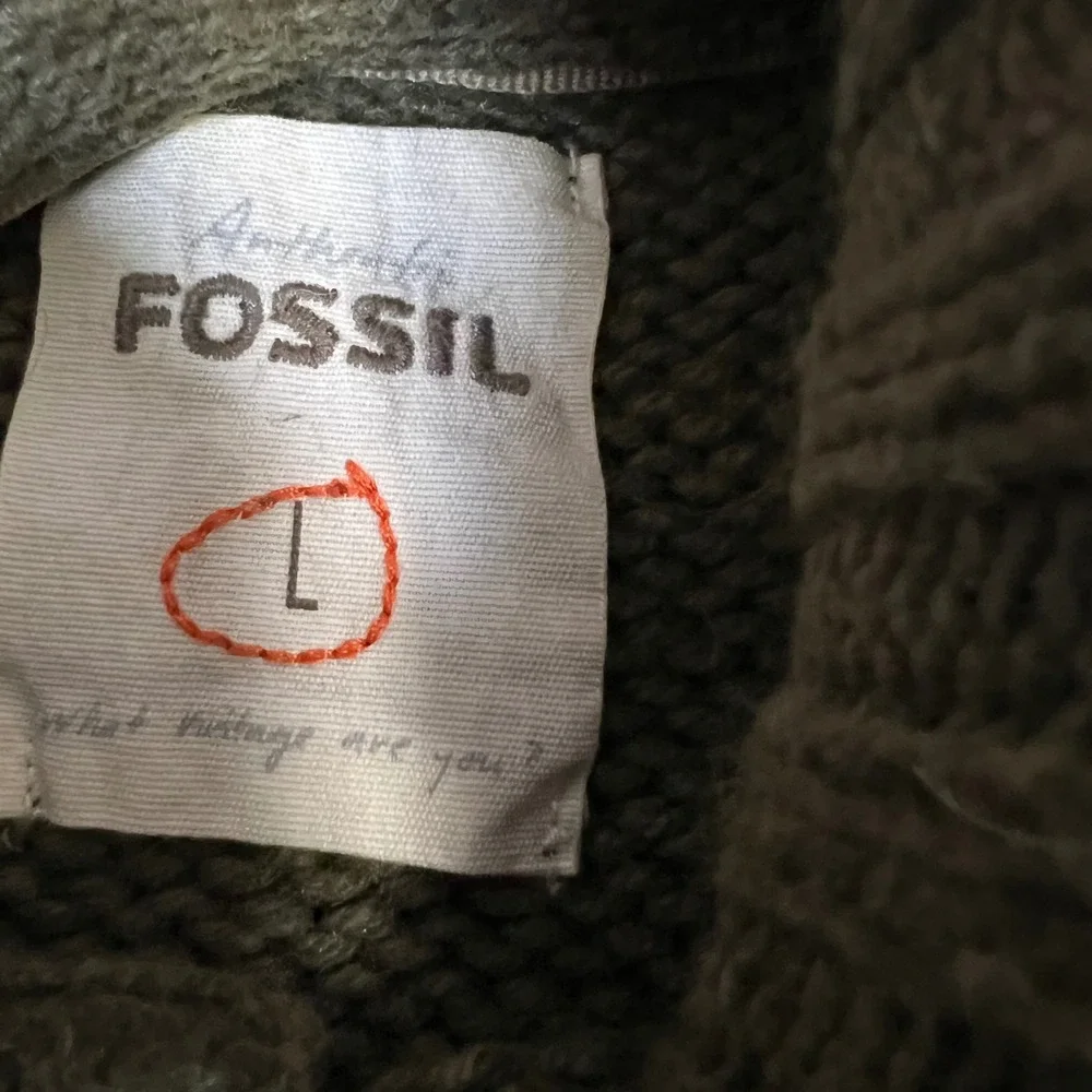 Fossil Mens Olive Green Fair Isle Mock Neck Button Sweater Large Cotton Angora